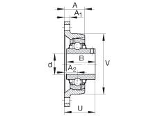 軸承座單元 RCJTY2, 對角法蘭軸承座單元，鑄鐵，根據(jù) ABMA 15 - 1991, ABMA 14 - 1991, ISO3228 內(nèi)圈帶有平頭螺栓，R型密封，英制